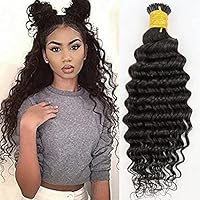 Microlink Deep Wave I Tip Human Hair Extension Pre Bonded Curly Brazilian Remy Hair Micro Beads Keratin Stick I Tip Hair Black Brown Color 100Strands 100g (24inch 100strands, Natural Black)