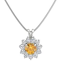 Beautiful Round Shape Created Citrine & Cubic Zirconia 925 Sterling Sliver Halo Cluster Pendant Necklace for Women's,Girls 14K White/Yellow/Rose Gold Plated