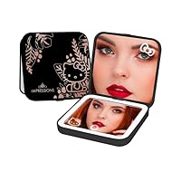 Impressions Vanity Hello Kitty Supercute Compact Mirror with Touch Sensor Switch for Adjustable Brightness, Lighted Makeup Mirror with LED Lights and 2X Magnifying Mirror Top (Black)