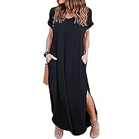 Kancystore Women's Summer Long Dresses Casual Short Sleeve Split Beach Maxi Dress with Pockets