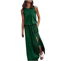 Women 2024 Casual Tank Dress Loose Long Maxi Dresses Short Sleeve Plus Size Slit Sundress Plain Solid Beach Cami Summer Dress