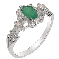925 Sterling Silver Natural Emerald & Cultured Pearl Womens Trilogy Ring - Sizes 4 to 12 Available