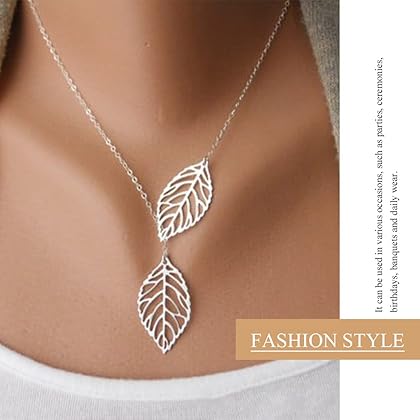 Aukmla Boho Lariat Necklace Silver Leaf Pendant Necklaces Chain Jewelry for women and Girls