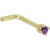 Body Candy Solid 14k Yellow Gold 2mm Purple Cubic Zirconia L Shaped Nose Stud Ring 18 Gauge 1/4