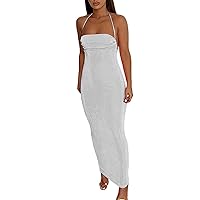 Women Sexy Backless Dress Bodycon Sleeveless Open Back Maxi Dress Out Elegant Party Cocktail Long Dress(White,Medium)