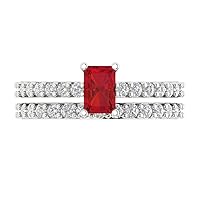Clara Pucci 1.41ct Emerald Cut Solitaire Genuine Simulated Ruby Engagement Anniversary Wedding Ring Band set 18K White Gold