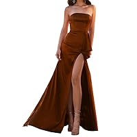 Women's Strapless Satin Long Prom Dress Sleeveless Split Evening Party Dress