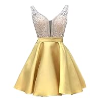 V Neck Short Homecoming Prom Dresses A line Satin Crystal Beaded Top Backless 2024 Graduation Formal Dress