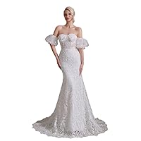 Mermaid-Trumpet Lace Formal Wedding Dresses Detachable Puff Sleeves Sweep Train Bridal Dress 2023 LY085