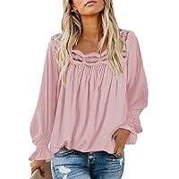 Ladmous Womens Casual Square Neck Tops Flowy Long Sleeve Shirts Lace Crochet Blouse