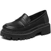 Women's Classic Comfort Slip on Loafers Vegan Lether Penny Loafers Square Toe Penny Chunky Mid Heel Shoes for Women