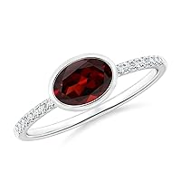 Garnet Bezel Set Oval 7x5mm East-West Ring With Side Accents | Sterling Silver 925 With Rhodium Plated | Beautiful Ring For Girls And Woman's For Any Occasional.