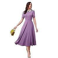 Dresses for Women Women's Dress Floral Embroidery Contrast Collar Dress Dresses (Color : Lilac Purple, Size : X-Large)