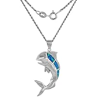 Sterling Silver Synthetic Opal Mahi-Mahi Necklace in Blue & Pink CZ Accent 1 3/8 inch Rope Chain