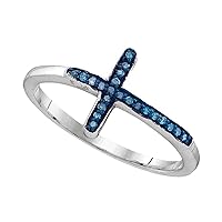 The Diamond Deal Sterling Silver Womens Round Blue Color Enhanced Diamond Cross Fashion Ring 1/20 Cttw
