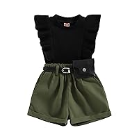 Toddler Baby Girl Summer Outfit Ruffle Sleeveless Ribbed Tank Tops Elastic Waist Shorts with Belt Fashion Clothes Set