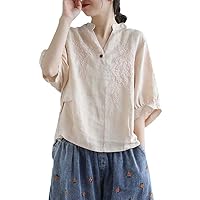 Women Vintage Cotton Linen Shirts and Tops V Neck Short Sleeve Summer Embroidered Top Retro Zen Hanfu Loose Tee