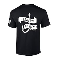 Mens Christian Shirt Fishers of Men Matthew 4:19 Scripture American Flag Sleeve T-Shirt Graphic Tee