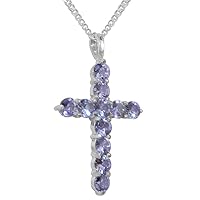 LBG 925 Sterling Silver Natural Tanzanite Womens Cross Pendant & Chain Necklace - Choice of Chain lengths