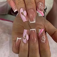 Artificail Medium Long Valentine's Day Press on Nails Pink, LOVE Fake with Sequins Glitter Acrylic Nude Full Cover Design Nail Tips for Women&Girls,24PCS