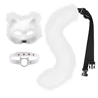 Mwfus Faux Fur Fox Mask and Tail Set Cat Wolf Cosplay Costume with Leather Necklace Halloween Party Cosplay for Women
