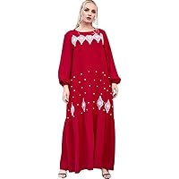 Dresses for Women Dignified Red Urban Women Embroidered Beaded Long-Sleeved Large Swing Arabian Casual Dress