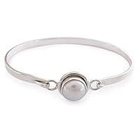 NOVICA Artisan Handmade Cultured Freshwater Pearl Bangle Bracelet Indian .925 Sterling Silver White Birthstone 'Aesthetic Moon'