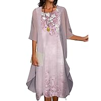 Chiffon Floral Midi Dress for Women Crewneck Sleeveless Ruffle Summer Flowy Long Dress Two Piece Set with Jacket