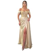 Women's Off Shoulder Mermaid Prom Dresses Long Beaded Satin Ball Gown with Slit Bridesmaid Formal Party Gown