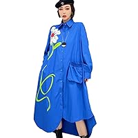 Spring Autumn Flower Pattern Polo Collar Dress Loose Mid-Length Pocket Splicing Irregular Dress Women's