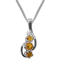 Solid 925 Sterling Silver Natural Citrine & Diamond Womens Pendant & Chain Necklace - Choice of Chain lengths