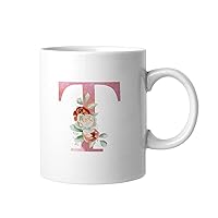 Novelty Quote White Ceramic Coffee Mugs 11oz,Pink Initial Letter T Alphabet Monogram Rose Funny Coffee Mug Porcelain Humorous Coffee Cup for Christmas Friends Classmate Teacher Kids