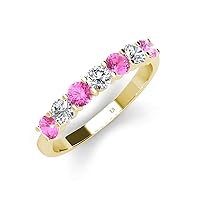 Round Pink Sapphire Lab Grown Diamond 1 ctw 7 Stone Women Wedding Band Stackable 14K Gold