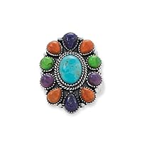 925 Sterling Silver Oxidized Oval Multi Stone Flower Ring Has Blue Simulated Turquoise Center is 10mm X Jewelry for Women - Ring Size Options: 10 6 7 8 9