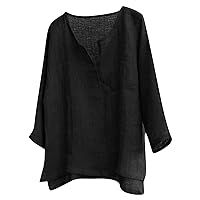 Linen Top,Long Sleeve 2024 Trendy Plus Size T-Shirt Solid Fashion Casual Button Top Blouse Outdoor Shirt Lightweight Tees Black M