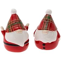 Boston International Christmas Winter Holiday Ceramic Salt & Pepper Shakers, Set of 2, Wallace Plaid Santa Gnome