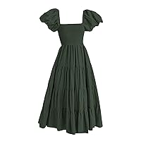 Square Neck Backless Puff Sleeve Pleated Short Sleeve Dress Womens Dresses Summer Long