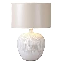 MY SWANKY HOME Fat Round Distressed Ivory Ceramic Ribbed Table Lamp 23 in Modern Champagne