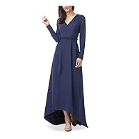 Womens Navy Stretch Zippered Pleated Ruffled Waist Hi-lo Hem Long Sleeve V Neck Full-Length Party Fit + Flare Dress 12