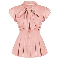 Belle Poque Women's Bow Tie Short Cap Sleeve Blouse Button Down Vintage Blouse Summer Tops Pink