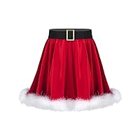 CHICTRY Kids Girls Soft Velvet Mrs Santa Claus Costume Faux Fur Trim Christmas Party Dance Skating Skirt