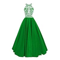 Women's Satin Beaded Long Party Gown Dress A Line Prom Dress Keyhole Back