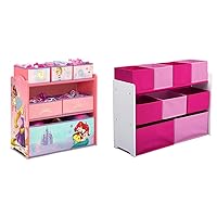 Design & Store 6 Bin Toy Storage Organizer, Disney Princess & Deluxe Multi-Bin Toy Organizer with Storage Bins - Greenguard Gold Certified, White/Pink Bins