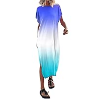 Women's Summer T Shirt Maxi Dress Batwing Sleeve Crewneck Casual Loose Slit Side Long Beach Dresses Casual Skirts