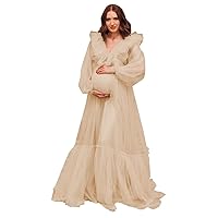 Tulle Ruffles Maternity Dress for Photoshoot Puffy Long Sleeve V Neck Baby Shower Lingerie Pregnancy Robes