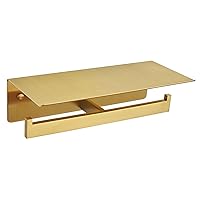 Double Toilet Paper Holder with Shelf Brushed Gold, APLusee SUS 304 Stainless Steel Contemporary Tissue Roll Holder Mobile Phone Storage Rack…