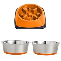 Gorilla Grip Slow Feeder Cat and Dog Bowl and Stainless Steel Metal Dog Bowl Set of 2, 2 Cup Slow Feeding Bowl Prevents Overeating, 2 Cup Heavy Duty Stainless Steel Bowls, Both Orange, 2 Item Bundle