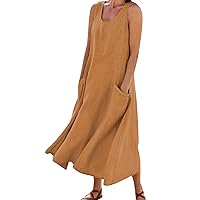 Summer Dresses for Women 2024 Vacation Trendy Loose Fit Crewneck Linen Maxi Long Dress Casual Beach Tank Dresses with Pockets