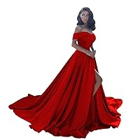 Women's Off The Shoulder Satin Prom Dresses Long for Women Formal Evening Party Gowns with Pockets Silt