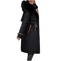 Womens Hooded Parka Puffer Jacket Thicken Cotton Padded Winter Coats Drawstring Long Down Outwear with Faux Fur Trimmed